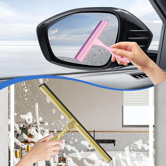 All-Purpose Silicone Shower Squeegee for Shower Glass Door,with 2 Hooks & Pink Mini Squeegee,for Bathroom Glass, Car, Tile Wall, Mirror Cleaning - Easy-Grip Handle 12 Inch Golden