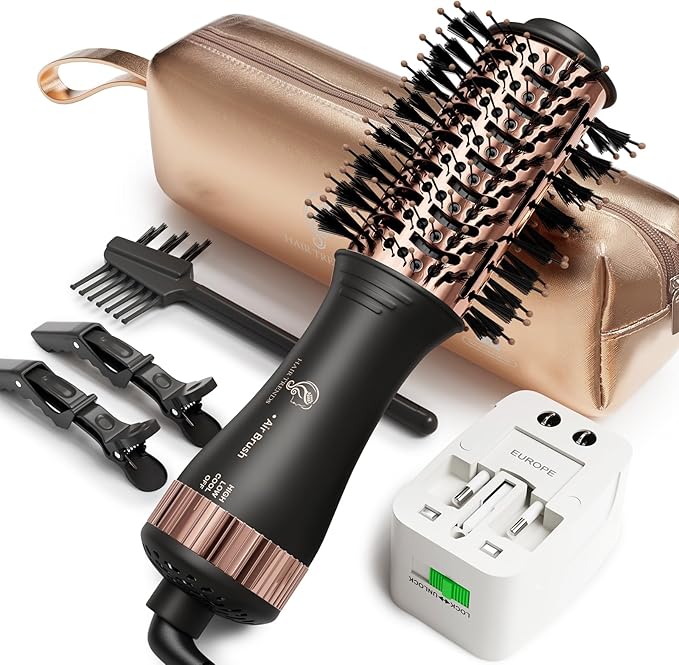 110-240V Travel Brush Hair Dryer, Small Hair Straightener Brush with European Plug Adapter for International Travel, 4 in 1 Hot Air Styler & Dryer for Drying Straightening Curling Volumizing