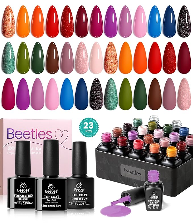 Beetles Fall Gel Nail Polish Set - Fall Yard Gel Polish Kit, 20 Color Orange Burgundy Red Navy Blue Glitter, Soak Off LED UV with Base Top Coat Nail Art Manicure Gift for Women