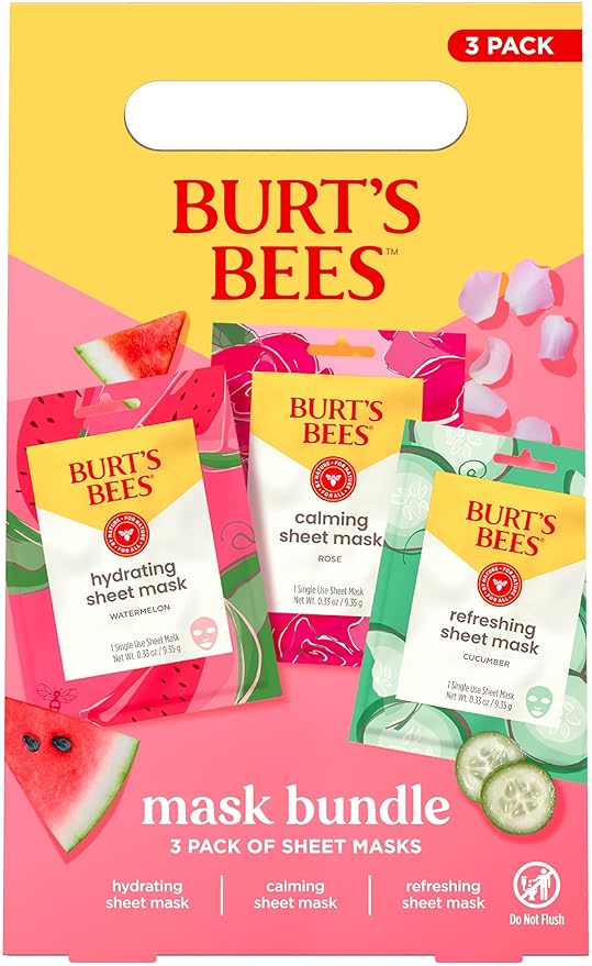 Burt's Bees Back To School Gift Ideas, Face Mask Bundle, Hydrating Watermelon, Calming Rose, & Refreshing Cucumber, Face Sheet Masks for Single Use Skin Care, 99% Natural Origin, 3 Count, 0.33oz Each
