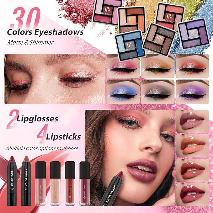 Color Nymph Starter Makeup Kit for Tweens Girls, Train Case for Women Full Kit with Eye Shadow, Lipstick, Blush, Brushes, Lipgloss, Mascara, Brow Wax and Mirror Pink Full Starter Cosmetics Set