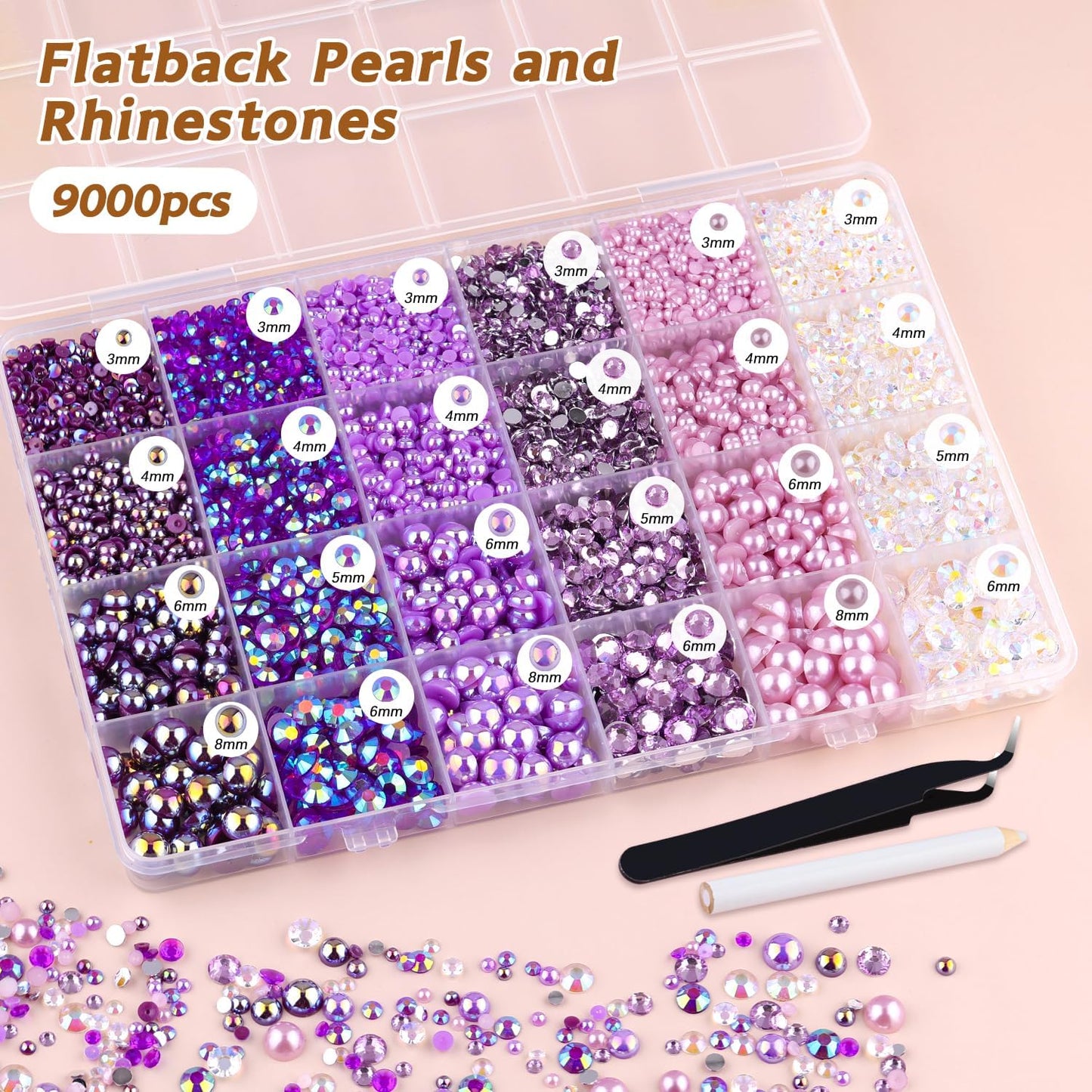 9000PCS Flatback Pearls and Rhinestones for Crafting, Purple Mixed Size 3-10mm Resin Rhinestones and Half Pearls for Bedazzling, Nail Art and Decoration with Tweezer and Pickup Pencil