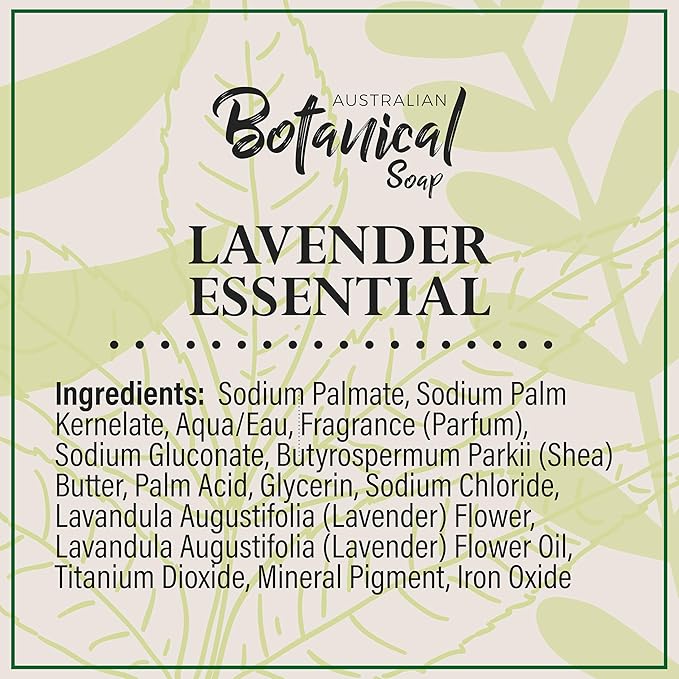 Australian Botanical Soap, 6.6 OZ, Lavender and Essential Oil, Triple Milled Bars made with a Natural Soap Base and Enriched with Organic Shea Butter, Pack of 8