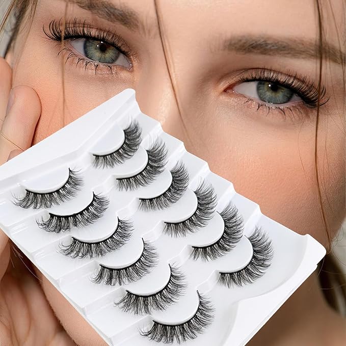 Cat Eye Lashes False Eyelashes Natural Look, Yasnai Wispy Fake Lashes Volume Lashes, Mink Lashes Fluffy Strips Lashes Natural Eyelashes 6 Pairs Pack