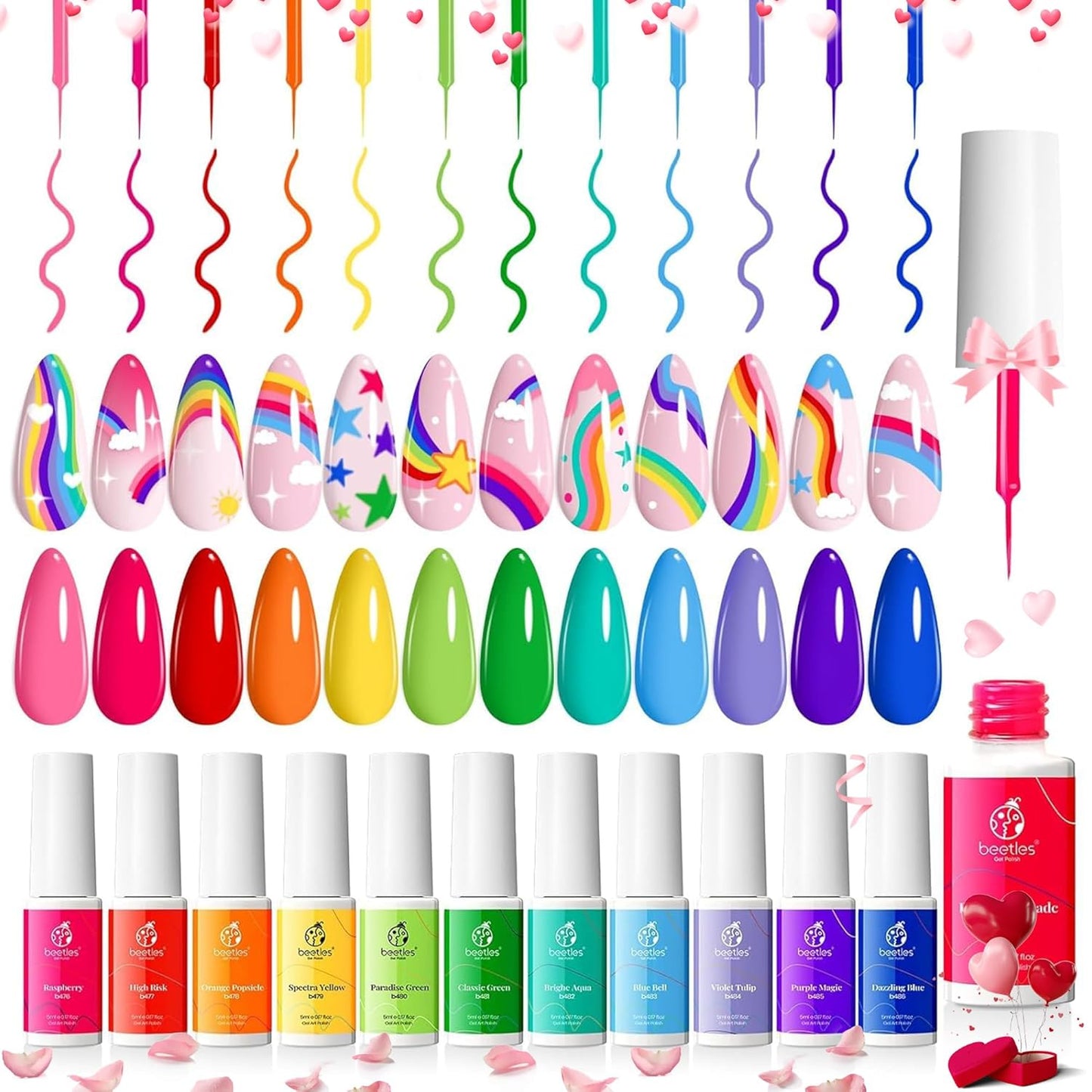 Beetles Summer Rainbow Nail Art Gel Liner Set, 12 Colors Neon Gel Nails Polish Pink Orange Blue Yellow Swirl Nails Built Thin Nail Art Brush in Bottle Soak Off Uv Lamp Manicure Salon Gifts for Women