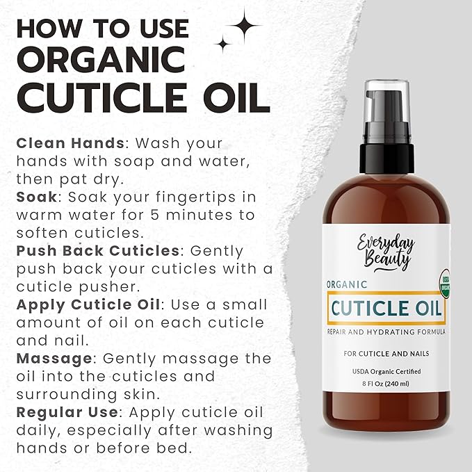 Organic Cuticle & Nail Oil - Repair, Revitalize & Hydrate Cuticles and Nails - Organic Spa Treatment - For Stronger Healthier Nails and Cuticles - 8 Fl Oz With Pump Top