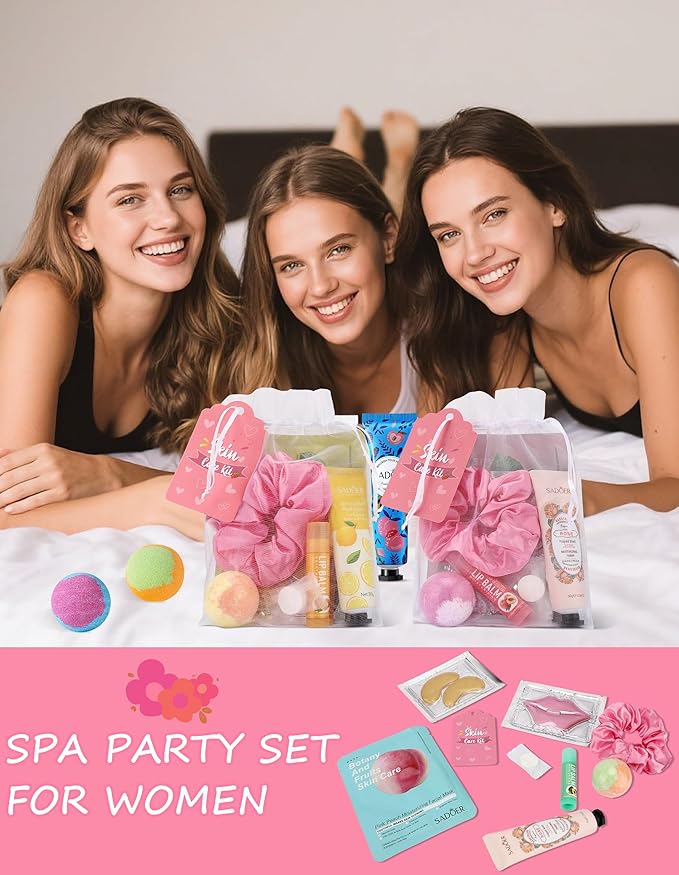 60PCS Spa Party Supplies for Girls, Include Facial Masks, Lip Mask, Under Eye Patches, Lip Balm, Foot Bath Bombs, Hand Cream, Compressed Towel, Hair Band, Sleepover Party Supplies for Girls