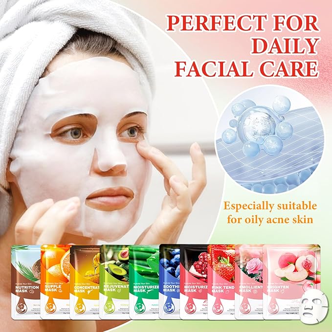 10 Pack Variety Facial Sheet Masks Skin Care Set, Hydrating Bulk Sheet Face Masks Skincare Gifts Set for Women Men, Long Lasting Moisturizing Face Mask Skincare for All Skin Type（06)