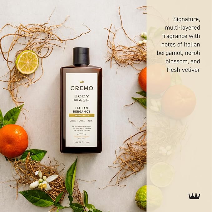 Cremo Body Wash Men, Notes of Italian Bergamot, Neroli Blossom, and Fresh Vetiver, Rich-Lathering Italian Bergamot, 16 Fl Oz