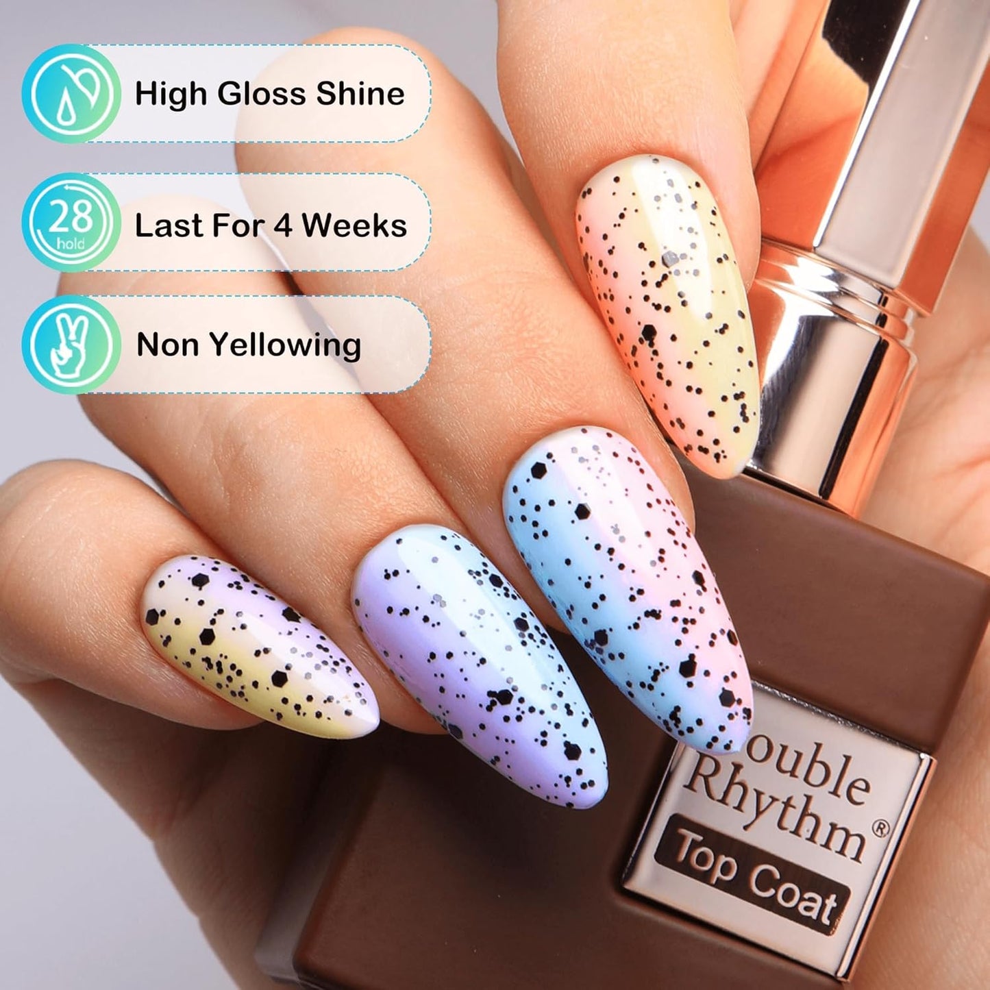Double Rhythm 15ML No Wipe Gel Top Coat Base Coat Iridescent Glitter Shimmer 2 in 1 Nail Polish Soak Off Manicure DIY Home Salon (Eggshell Top Coat-2)