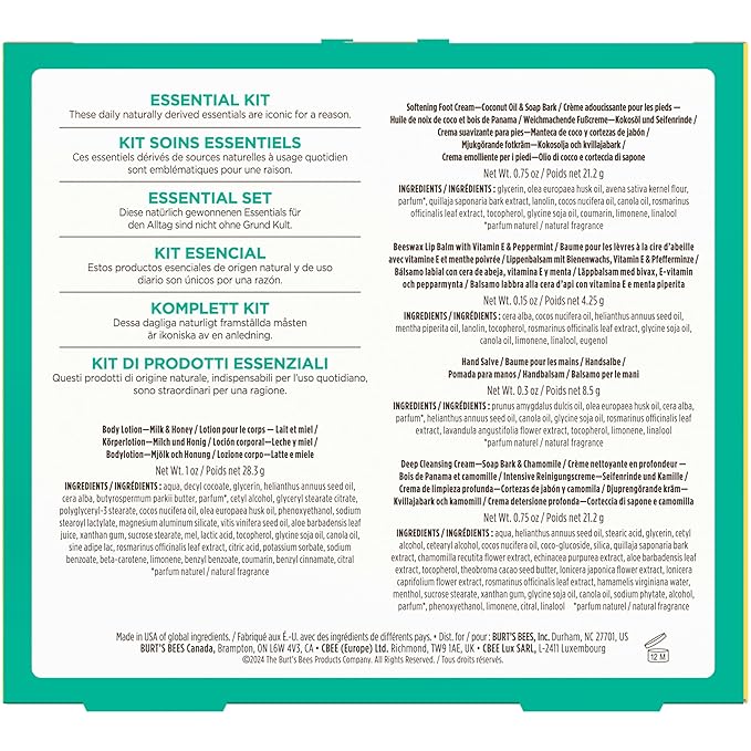 Burt's Bees Back to School Gift Ideas - Essentials Everyday Set, 5 Travel Size Products - Deep Cleansing Cream, Hand Salve, Body Lotion, Foot Cream and Original Lip Balm