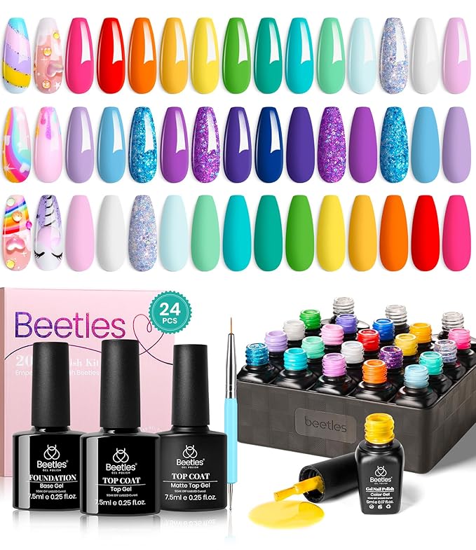 Beetles Halloween Gel Nail Polish Set, 24 Pcs Purple Blue Hot Red Gel Nail Polish Green Glitter Gel Polish Unicorn Collection Soak off UV with Glossy & Matte Top Base Gift for Women