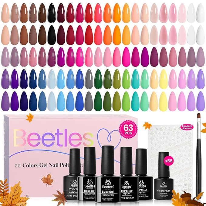 Beetles Fall Gel Nail Polish Set - 63 PCS 55 Colors Gel Polish Kit with 5 Bottles of Base Glossy Matte Top Coat Soak off Nail Polish Set Orange Brown Pink Green Blue Red Halloween Gifts for Women