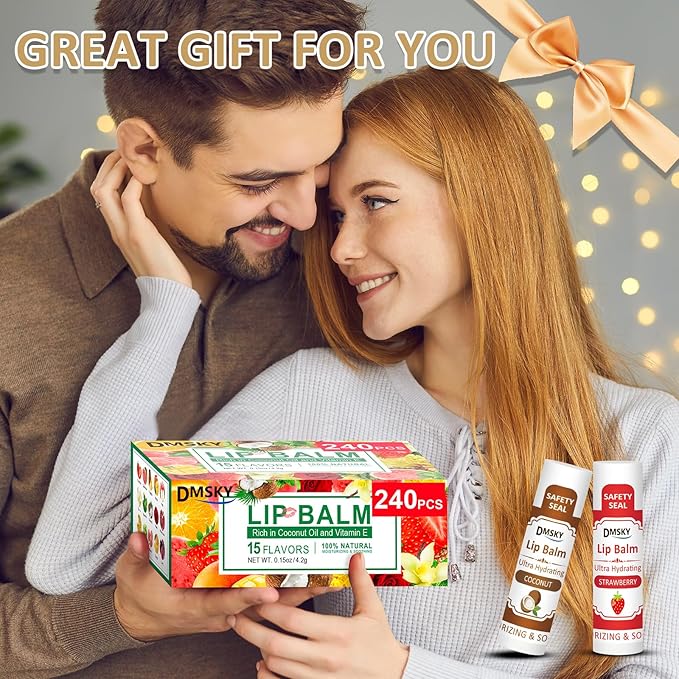 DMSKY Lip Balm 240 Pack, Lip Balm Bulk with Vitamin E and Coconut Oil, Moisturizing Lip Balm for Dry Cracked Lips-15 Flavors