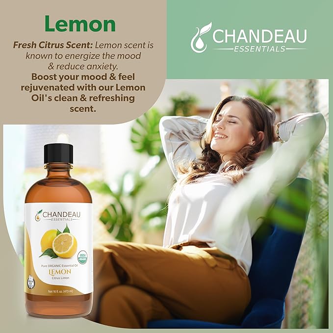 100% Pure Organic Essential Oil, Pure Lemon Essential Oil for Aromatherapy, Soap Making, Candles, Laundry, Perfume, Cleaners or Diffusers - Large Amber Glass Bottle, 16 oz.