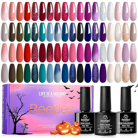 Beetles Halloween Gel Polish Set 39Pcs Red Burgundy Blue Green Nude Pink Purple Gel Nail Polish with Base Matte Glossy Top Coat for Manicure Lovers DIY at Home Gift for Women Enchanted Jewelry
