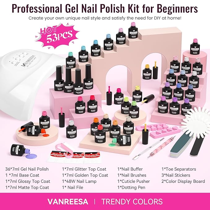 VANREESA Gel Nail Polish Kit with U V Light 53 Pcs Gel Polish Nail Set 36 Sweet Colors Nail Polish Set with Base Coat and 4 Effects Top Coat Manicure Tools Complete Nail Kit Gifts for Women Girls
