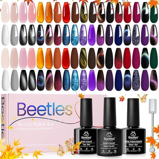 Beetles Cat Eye Gel Nail Polish 39 Pcs Jelly Nail Set Glitter Changing Nail Polish Kit Treasure Box Collection with 3Pcs Base Matte and Glossy Top Soak Off UV Halloween Nails