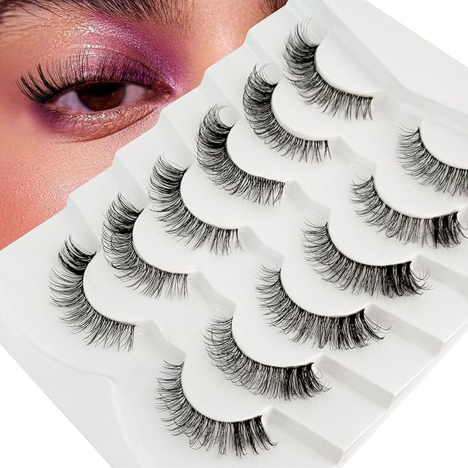 Cat Eye Lash Wispy Lashes False Eyelashes Natural Look, Yasnai 3D Fluffy Fake Lashes Volume Lashes, Natural Fake Eyelash Strips Lashes Natural False Lashes Clear Band 6 Pairs Pack