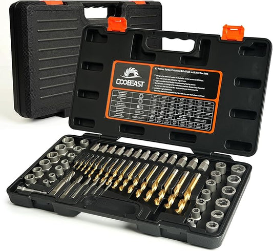 62Pcs Screw Extractor Set with Left Hand Drill Bit, Bolt Extractor Kit Heavy Duty, Easy Out Extractor Socket Set for Broken Nuts Bolts, Stripped Screw Remove with Portable Case