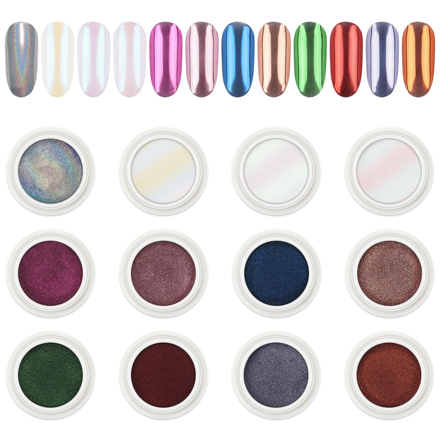 AIMEILI Pearl Chrome Nail Powder, Vegan, Cruelty Free, 12 Colors Aurora Metallic Holographic Mirror Effect Nail Art Pigment Iridescent Shell Glitter Nail Art
