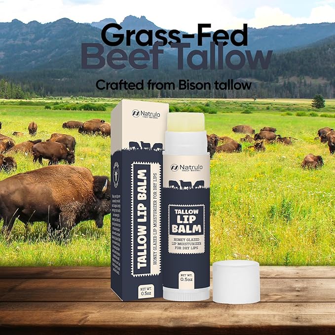 Beef Tallow Lip Balm – Natural Tallow Beeswax Chapstick – Hydrating Moisturizer Grass Fed Bison Tallow Balm Lip Care – Soothes Chapped, Dry Lips, Sensitive Skin – Long Lasting & Vitamin Rich USA-Made