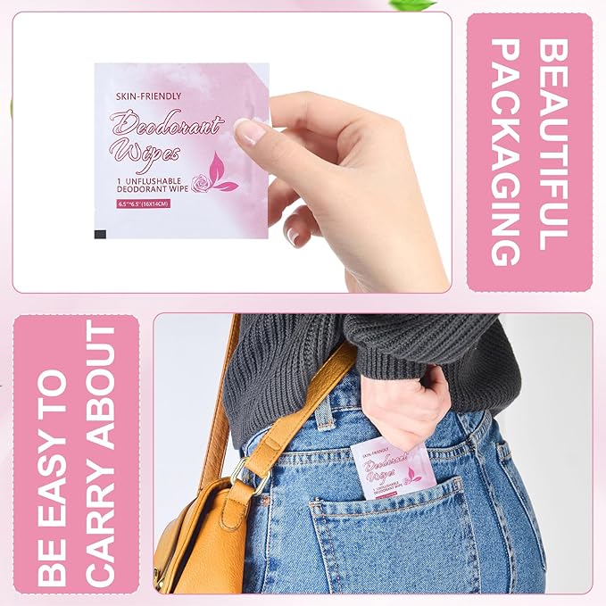 200 Pcs Deodorant Wipes Individually Wrapped, Mini Travel Size Wet Antiperspirant Wipes for Armpit, Hands, Face, Butt, Bulk Personal Cleansing Wipe for Women, Men, Homeless, Sports, Travel(Rose)
