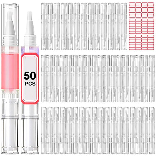 Cuticle Oil Pen 50Pcs 5ml Empty Nail Oil Pen Transparent Twist Pens with Brush Tip for Nail Oil, Eyelash Growth Liquid Tube, Cosmetic Lip Gloss Container Applicators + 72pcs Label