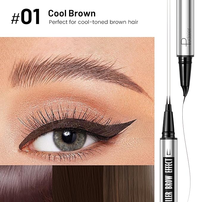 2 Pack 2 Fine Tip Eyebrow Pen, Waterproof Filling Faux Brow Makeup Pencils for Women with Precise Curved Brush-Tip to Fast Create Natural Hair-Like Brows, Last All-Day (Cool Brown)