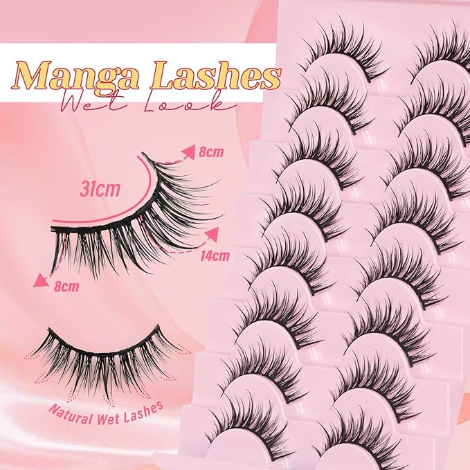 Ahrikiss Manga Lashes Wet Look Wispy Anime False Eyelashes 8 Pairs Faux Mink Lashes Kit with Lash Glue and Lash Tweezers Soft Fake Lashes Spiky Strip Lashes Look Like Individual Lashes (Clammy)