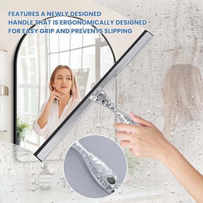 All-Purpose Silicone Shower Squeegee for Shower Glass Door,with 1 Hooks,for Bathroom Glass, Car, Tile Wall, Mirror Cleaning - Flower Shaped Handle for Easy-Grip 14 Inch Silver