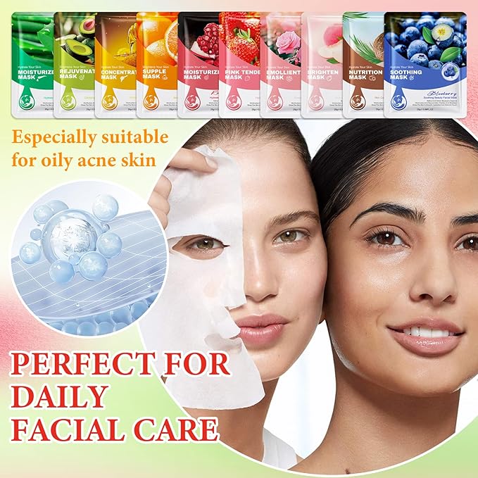 10 Pack Variety Facial Sheet Masks Skin Care Set, Hydrating Bulk Sheet Face Masks Skincare Gifts Set for Women Men, Long Lasting Moisturizing Face Mask Skincare for All Skin Type（C)