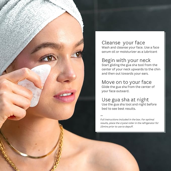 Cristy Premium Face Roller & Gua Sha Set, Jade Roller Beauty Massage Tool, for Face, Neck and Body Muscle Relaxing, Relieve Fine Lines and Wrinkles Crystal Clear Quartz (White)