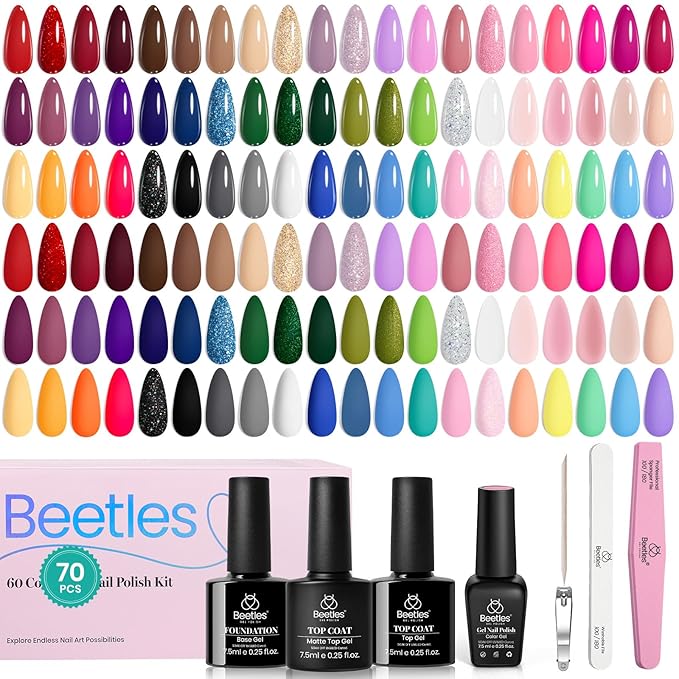 Beetles Gel Nail Polish Set, 70 PCS 60 Colors Red Green Pink Brown Blue Nude Glitter Gel Nail Polish Kit with Base Glossy & Matte Top Coat Gel Polish for Beginners DIY Salon Christmas Gifts for Women