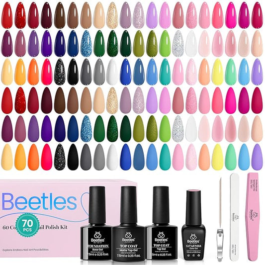 Beetles Gel Nail Polish Set, 70 PCS 60 Colors Red Green Pink Brown Blue Nude Glitter Gel Nail Polish Kit with Base Glossy & Matte Top Coat Gel Polish for Beginners DIY Salon Christmas Gifts for Women
