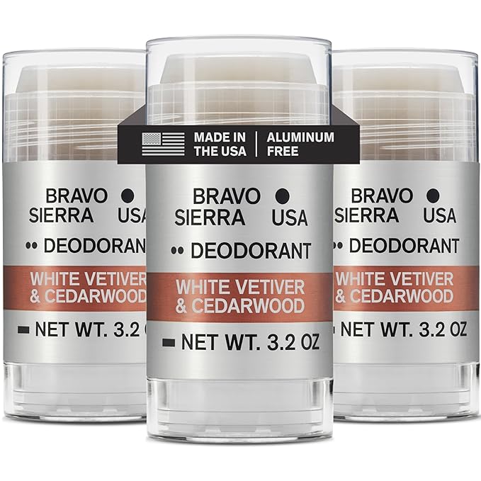 Aluminum-Free Deodorant for Men by Bravo Sierra, 3-Pack-Contains Natural Ingredients–Long Lasting All-Day Odor and Sweat Protection-White Vetiver & Cedarwood, 3.2 oz-Paraben-Free, Vegan & Cruelty-Free