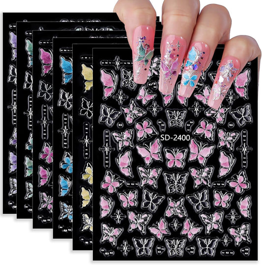 5D Butterfly Nail Stickers 6 Sheets Embossed Butterfly Nail Decals Pink Purple Self Adhesive Nail Art Stickers for Gel/Acrylic Nails, DIY Gift, Women Manicure Decorations