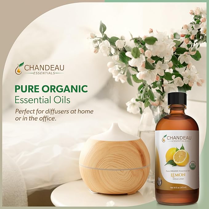 100% Pure Organic Essential Oil, Pure Lemon Essential Oil for Aromatherapy, Soap Making, Candles, Laundry, Perfume, Cleaners or Diffusers - Large Amber Glass Bottle, 16 oz.