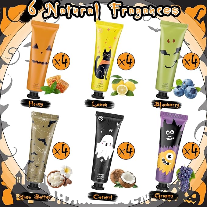 24 Pack Halloween Hand Cream Gift Sets for Women Ghost Mini Hand Lotion Bulk Travel Size Moisturizing Cream Halloween Party Favors Gifts for Stocking Stuffers 6 Natural Plant Fragrances