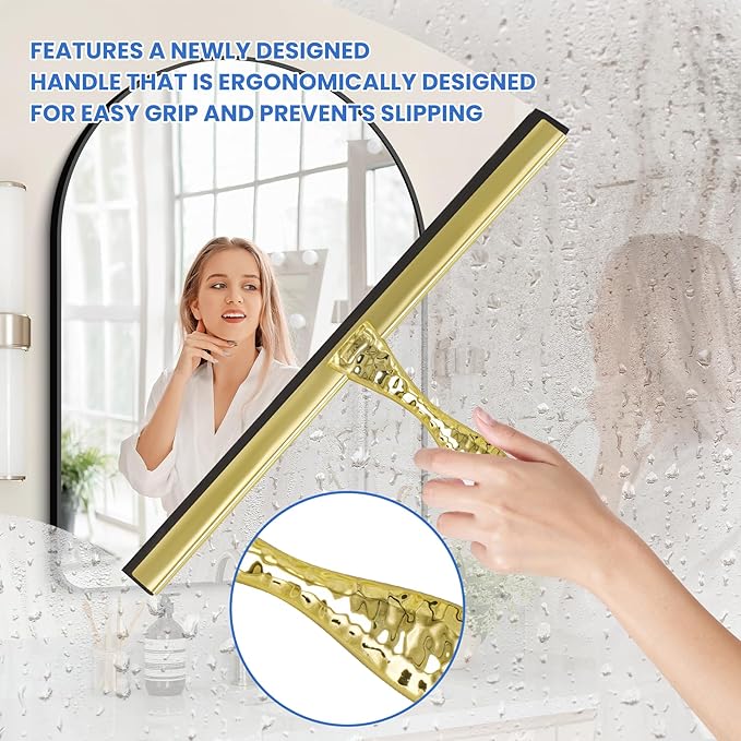 All-Purpose Silicone Shower Squeegee for Shower Glass Door,with 1 Hooks,for Bathroom Glass, Car, Tile Wall, Mirror Cleaning - Flower Shaped Handle for Easy-Grip 10 Inch Golden