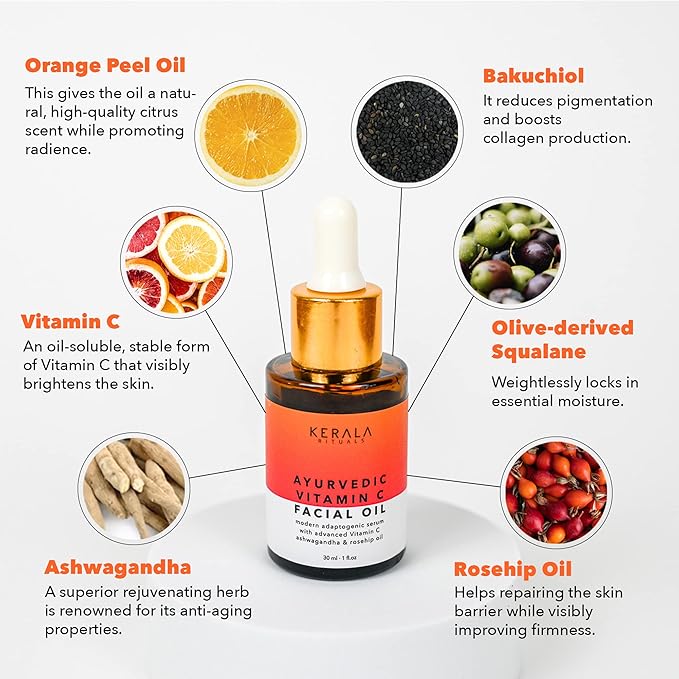 Ayurvedic Vitamin C Face Oil with Rosehip Oil, Bakuchiol, Ashwagandha, and Squalane, Hydrating, Brightening, and Repairing Serum for Dark Spots, Fine Lines, and Wrinkles, Clean Luxury Skincare