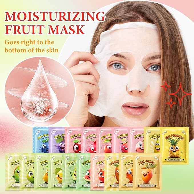 19 Pack Variety Facial Sheet Masks Skin Care Set, Hydrating Bulk Sheet Face Masks Skincare Gifts Set for Women Men, Long Lasting Moisturizing Face Mask Skincare for All Skin Type（04)