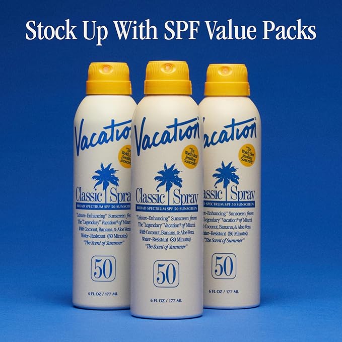 Vacation Classic Sunscreen Spray SPF 50, Water-Resistant, Lightweight, Transparent on All Skin Tones, Dermatologist-Tested, Vegan, 6 Fl. Oz. (Value Pack of 3)