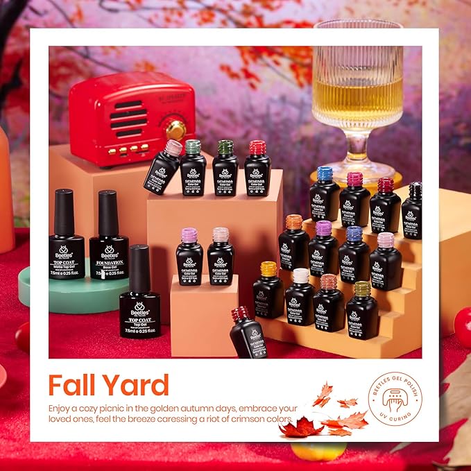 Beetles Fall Gel Nail Polish Set - Fall Yard Gel Polish Kit, 20 Color Orange Burgundy Red Navy Blue Glitter, Soak Off LED UV with Base Top Coat Nail Art Manicure Gift for Women