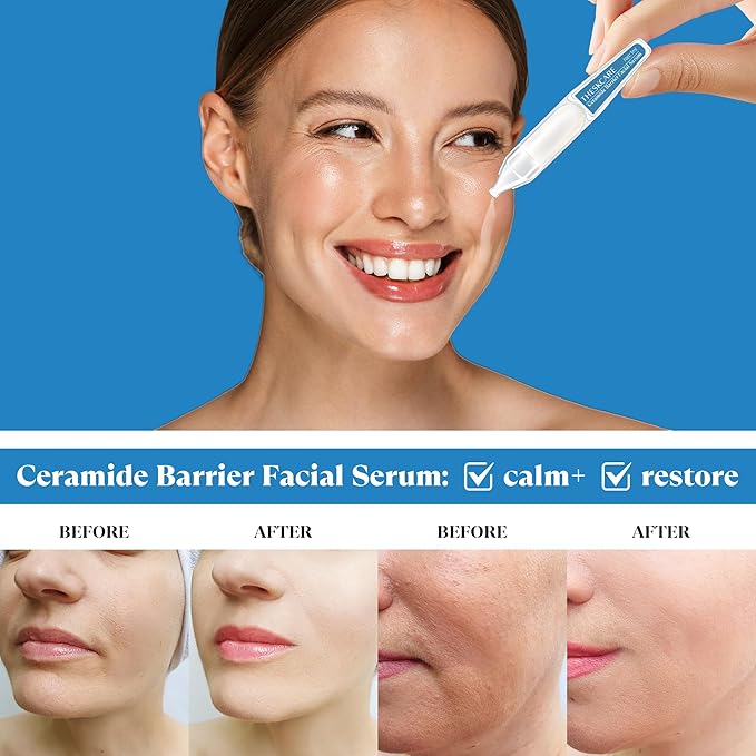 Ceramide Barrier Serum for Face with Hyaluronic Acid,Centella Asiatica & Beta Glucan,Smoothing Facial Serum for Skin Barrier,Redness & Dry Skin,Calming & Hydrating,30 Ampoules