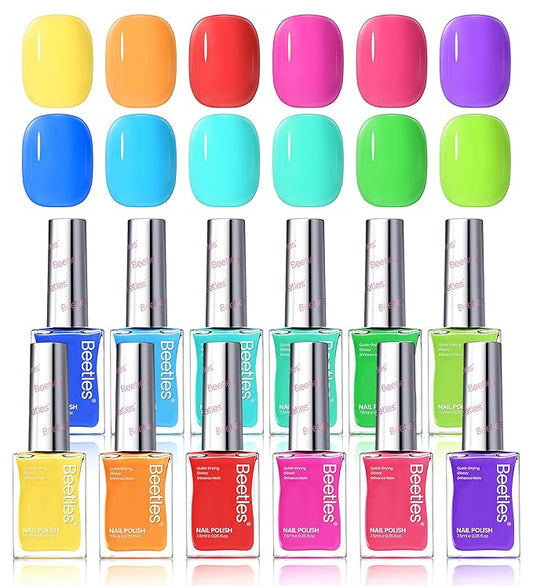 Beetles Neon Nail Polish Set - Quick Dry Nail Polish Kit 12 Colors Hot Pink Green Blue Yellow Red Regular Air Dry Fingernail Polish Pack for Women Gift Beetles Cocktails 12 Colors