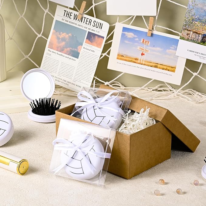 24 Set Volleyball Gifts for Team Bulk Volleyball Compact Mirror Brush With Ribbons for Volleyball Gifts for Teen Girls Mini Travel Hair Brush for Volleyball Party Favors Volleyball Hair Accessories