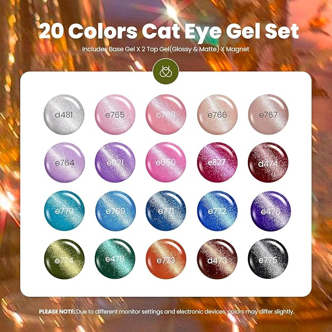 Beetles Cat Eye Gel Nail Polish Set - 20 Colors Nude Pink Green Blue Red Brown Black Magnetic Gel Polish Base Gel Matte Glossy Top Coat Lush Velvet Soak Off UV Manicure Salon DIY Gift for Women