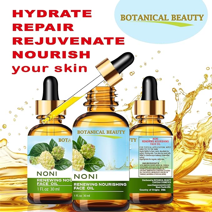 Botanical Beauty NONI RENEWING NOURISHING FACE OIL 100% Natural. 1 Fl oz 30 ml Grape Seed, Avocado, Macadamia, Jojoba, Tamanu, Noni Oils. Anti-aging, Hydrating, Moisturizing, Nourishing, Rejuvenating