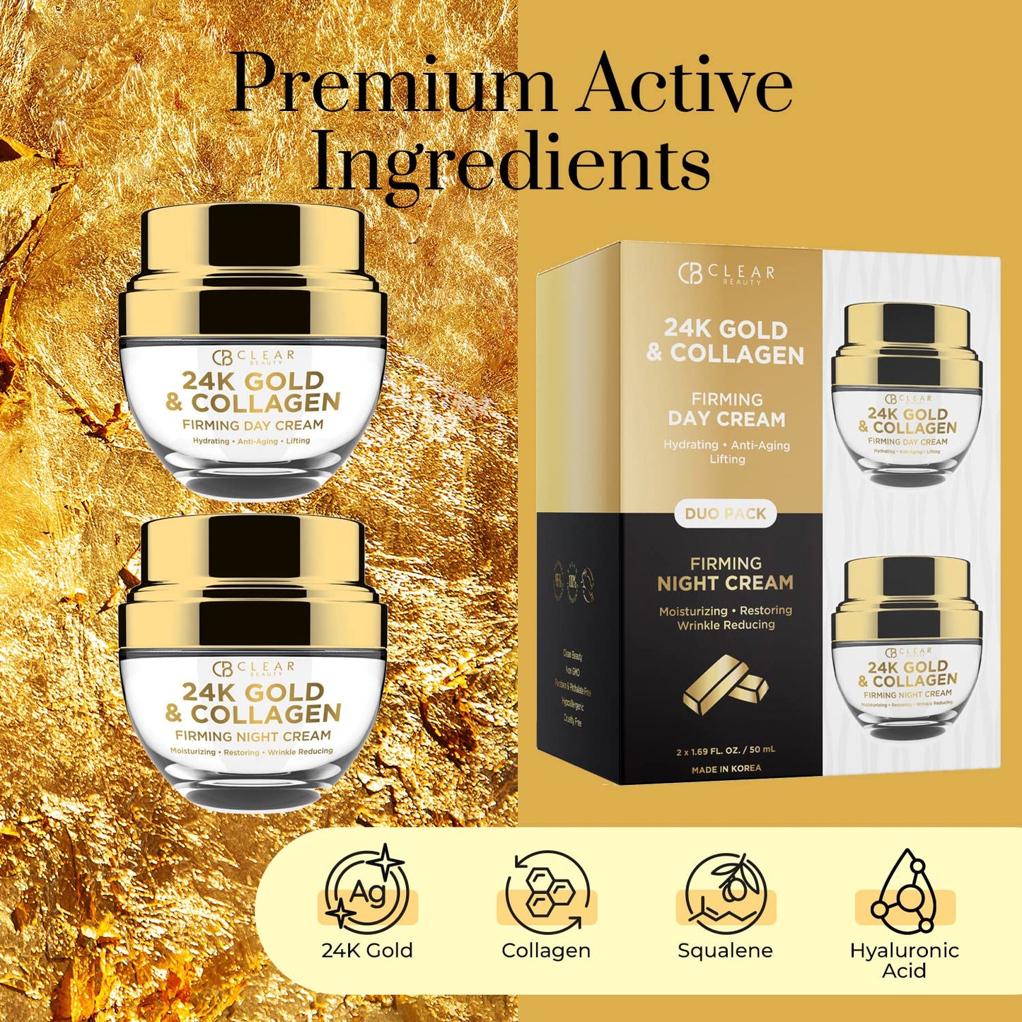 Clear Beauty 24K Gold & Collagen Day/Night Moisturizer Set - Dermatologist Tested, Hydrating, Anti-Aging Cream, Natural Ingredients, Cruelty Free Korean Skin Care, All Skin Types - Value Pack